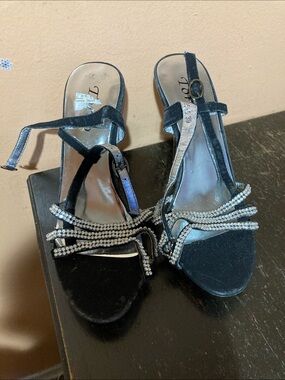 Black Rhinestone T-Strap Evening Sandals